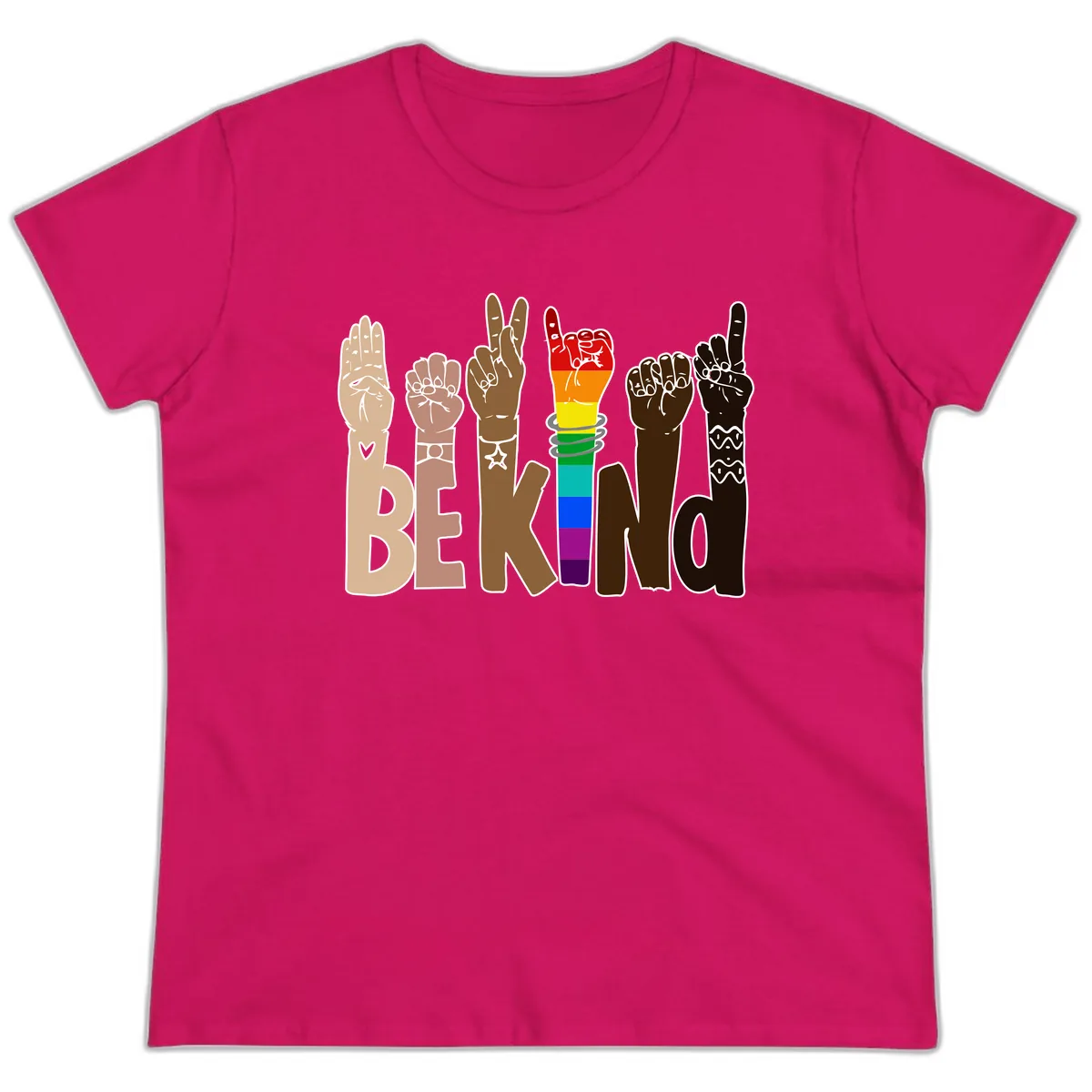 Be Kind Rainbow Hands Diversity Ladies Tee in Heliconia