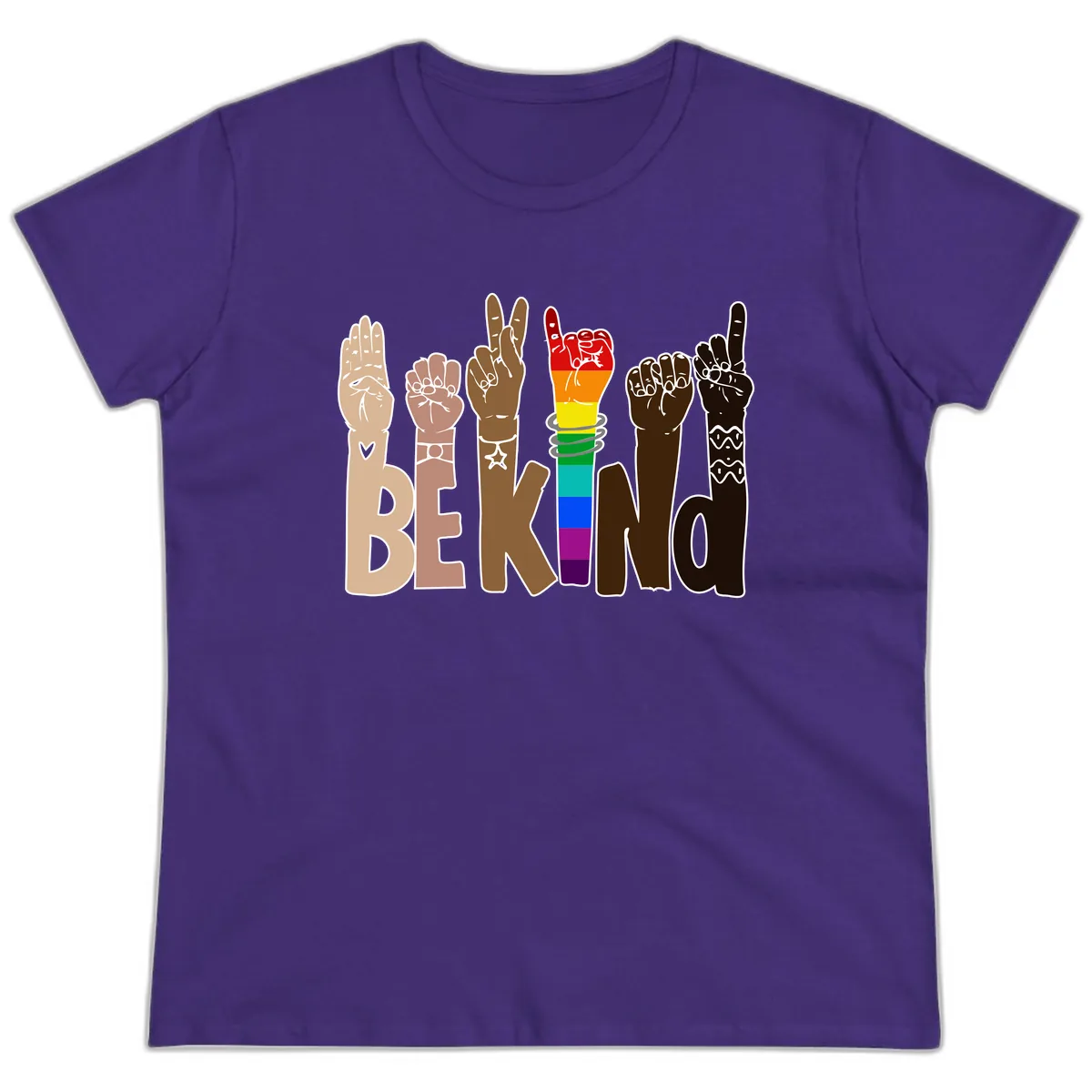 Be Kind Rainbow Hands Diversity Ladies Tee in Purple