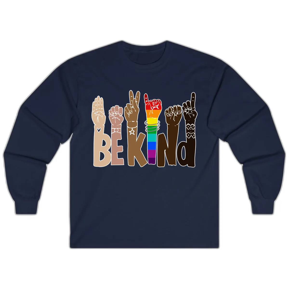 Be Kind Rainbow Hands Diversity Long Sleeve in Navy