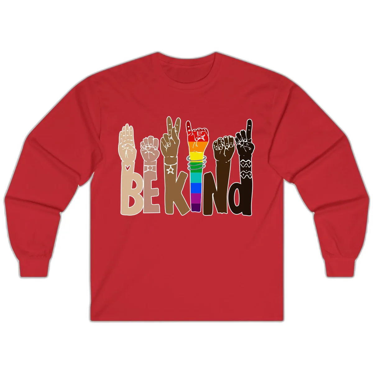 Be Kind Rainbow Hands Diversity Long Sleeve in Red