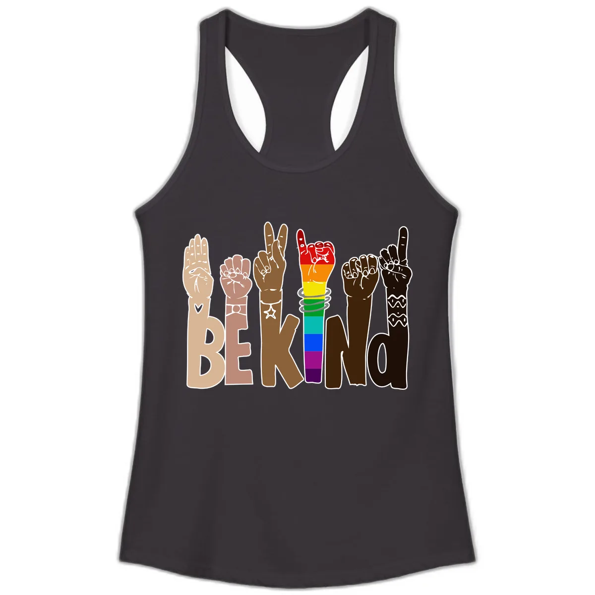 Be Kind Rainbow Hands Diversity Ladies Tank in Black