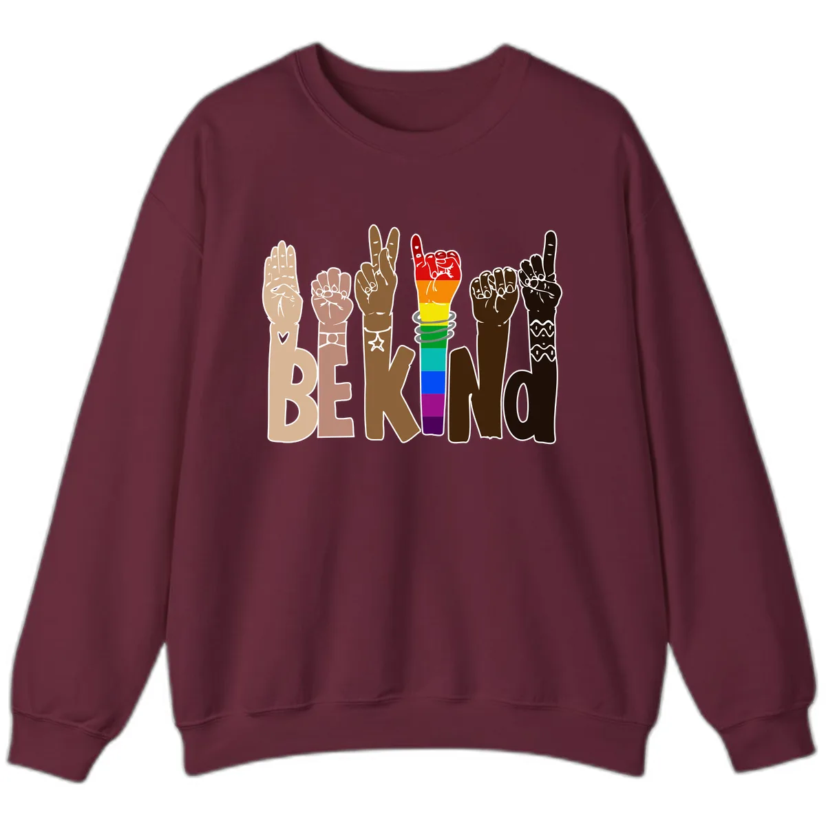 Be Kind Rainbow Hands Diversity Sweatshirt in Maroon