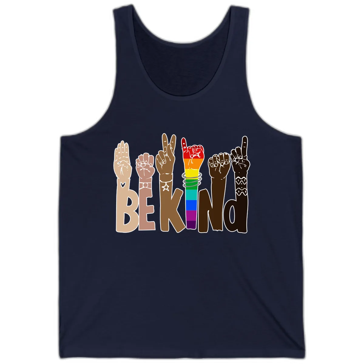 Be Kind Rainbow Hands Diversity Tank in Navy