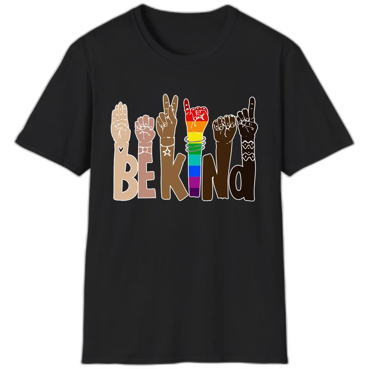 Be Kind Rainbow Hands Diversity T-Shirt in Black