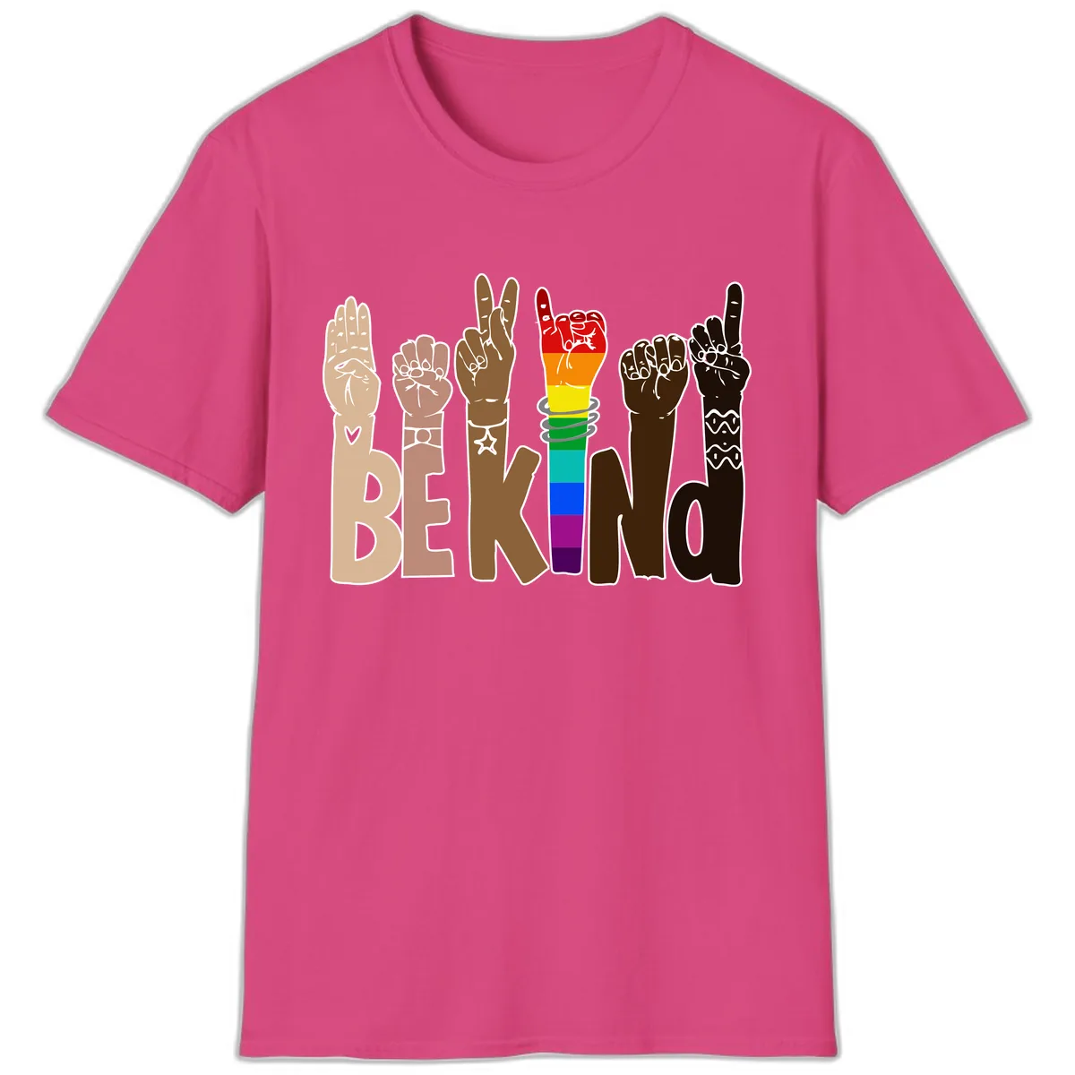 Be Kind Rainbow Hands Diversity T-Shirt in Heliconia