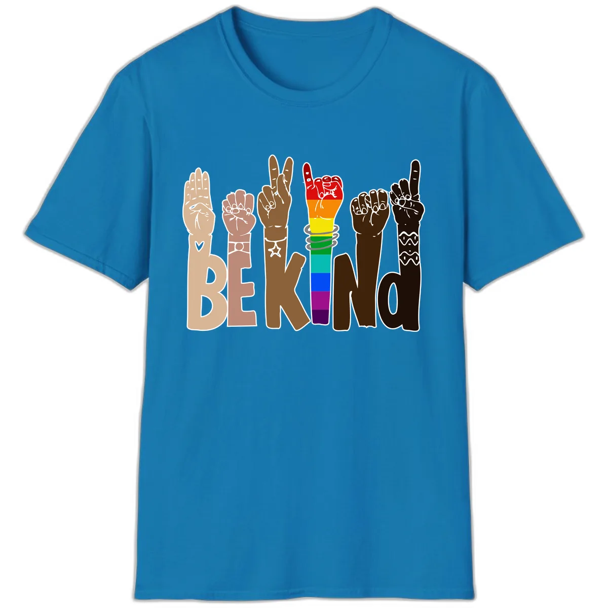 Be Kind Rainbow Hands Diversity T-Shirt in Sapphire