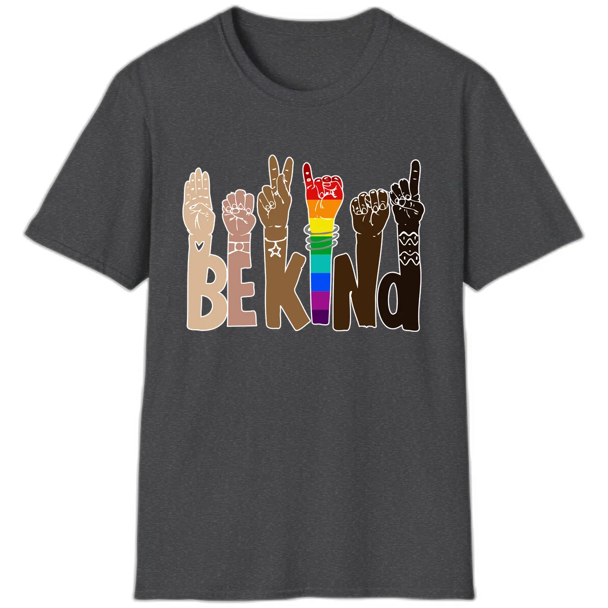 Be Kind Rainbow Hands Diversity T-Shirt in Dark Heather