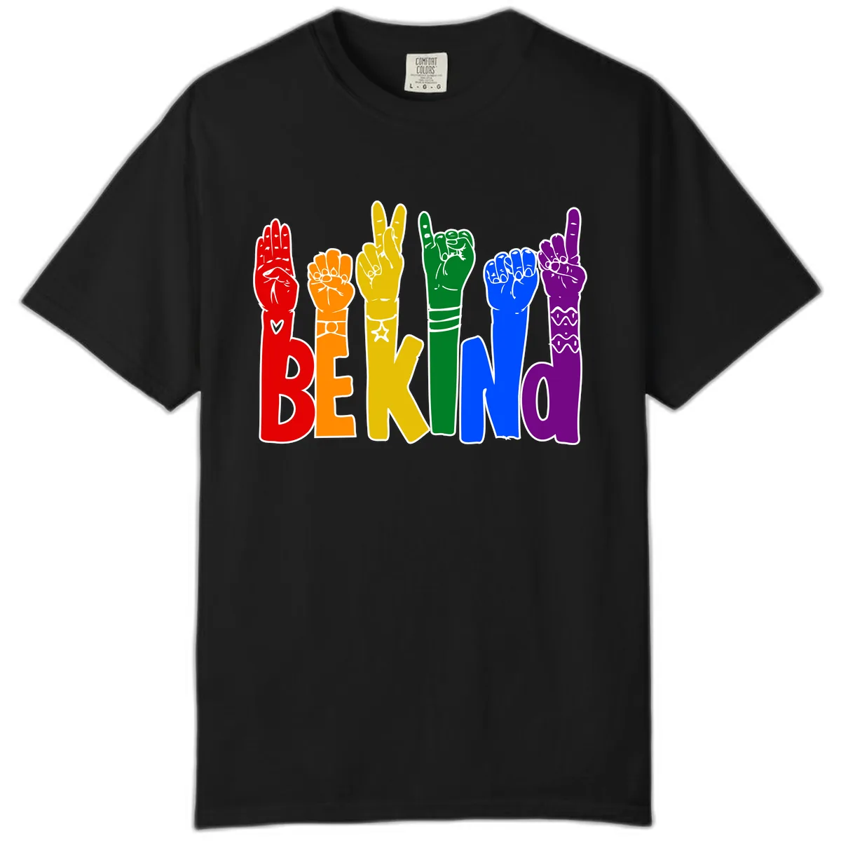 Be Kind Rainbow Hand Pride Comfort Color in Black