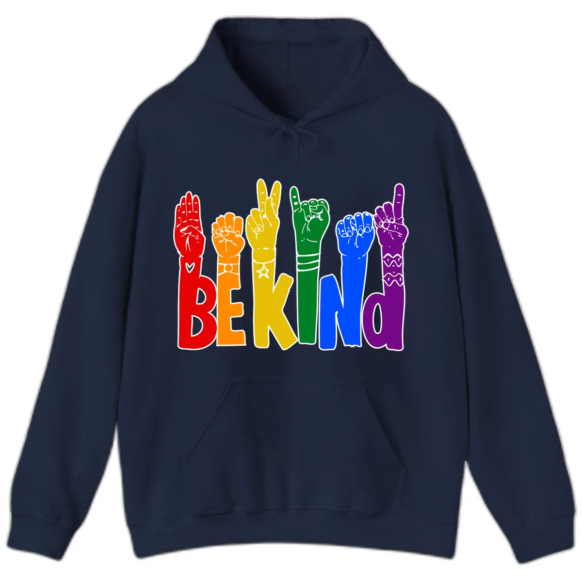 Be Kind Rainbow Hand Pride Hoodie in Navy