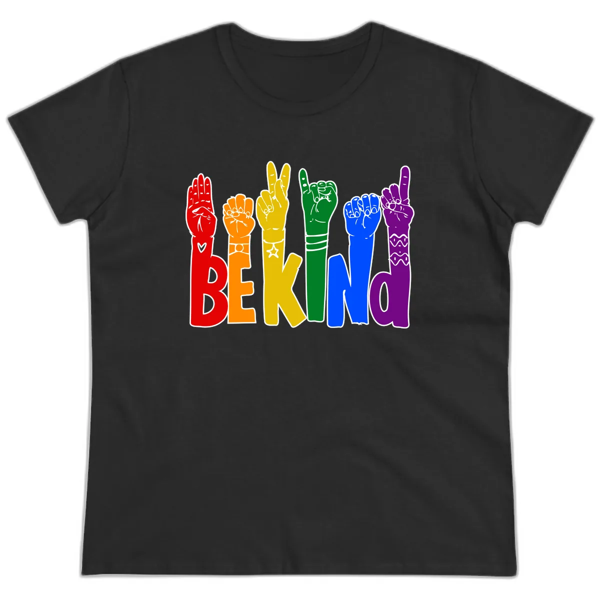 Be Kind Rainbow Hand Pride Ladies Tee in Black