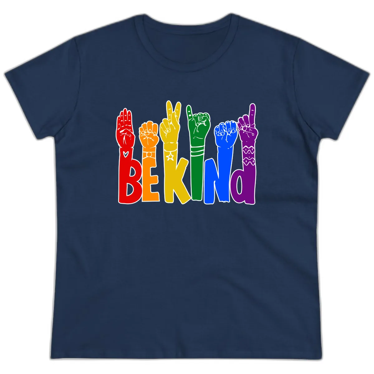 Be Kind Rainbow Hand Pride Ladies Tee in Navy