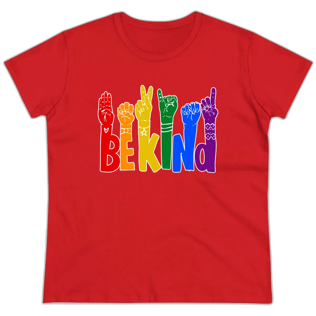 Be Kind Rainbow Hand Pride Ladies Tee in Red