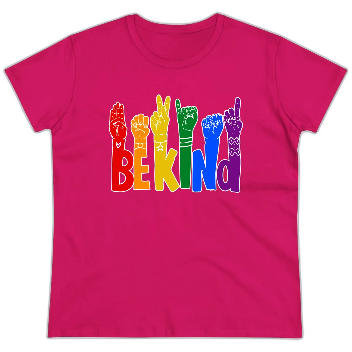 Be Kind Rainbow Hand Pride Ladies Tee in Heliconia