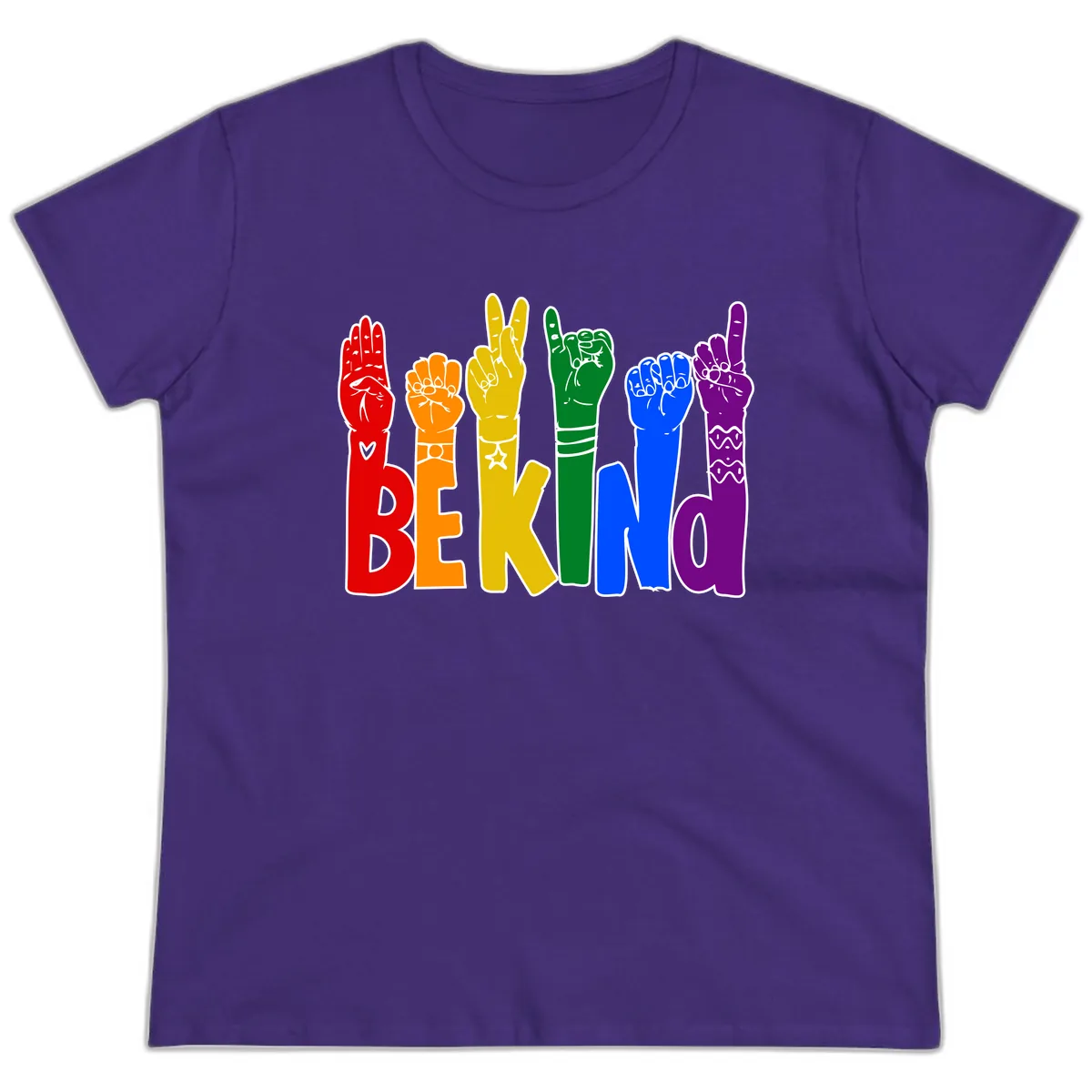 Be Kind Rainbow Hand Pride Ladies Tee in Purple