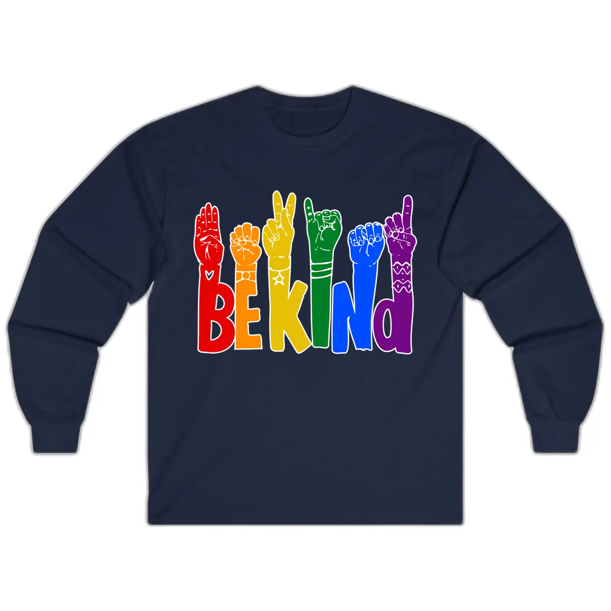 Be Kind Rainbow Hand Pride Long Sleeve in Navy
