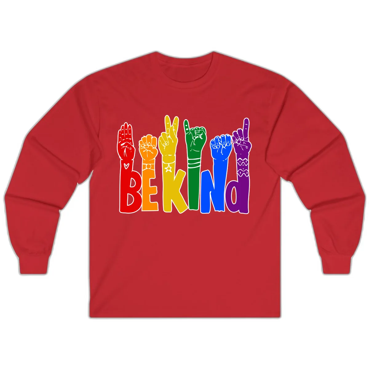 Be Kind Rainbow Hand Pride Long Sleeve in Red