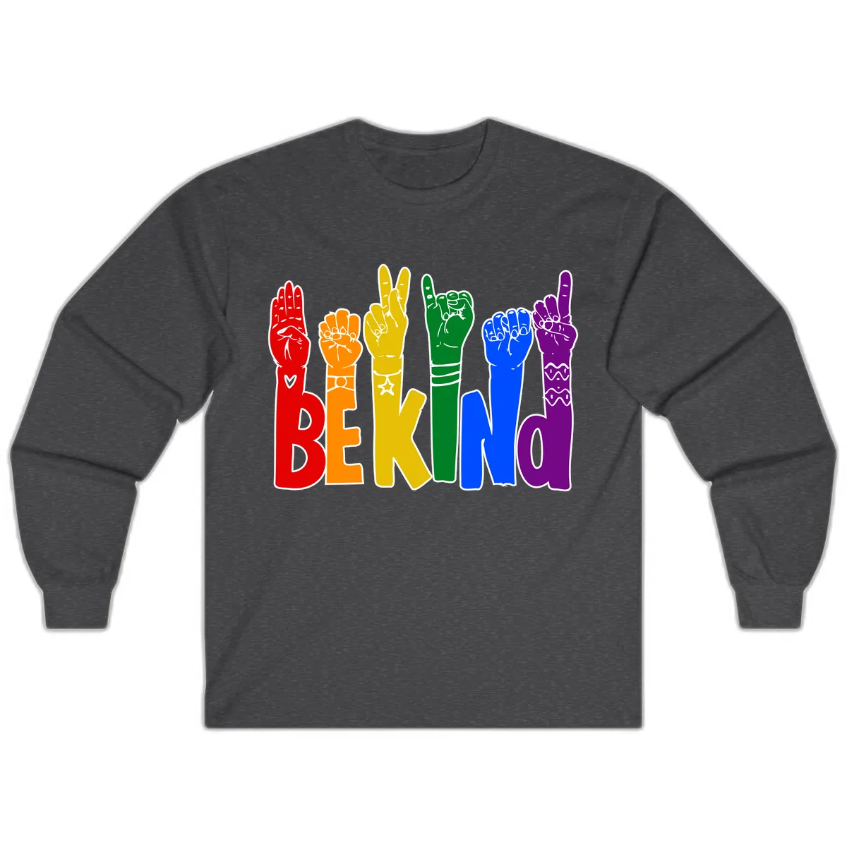 Be Kind Rainbow Hand Pride Long Sleeve in Dark Heather