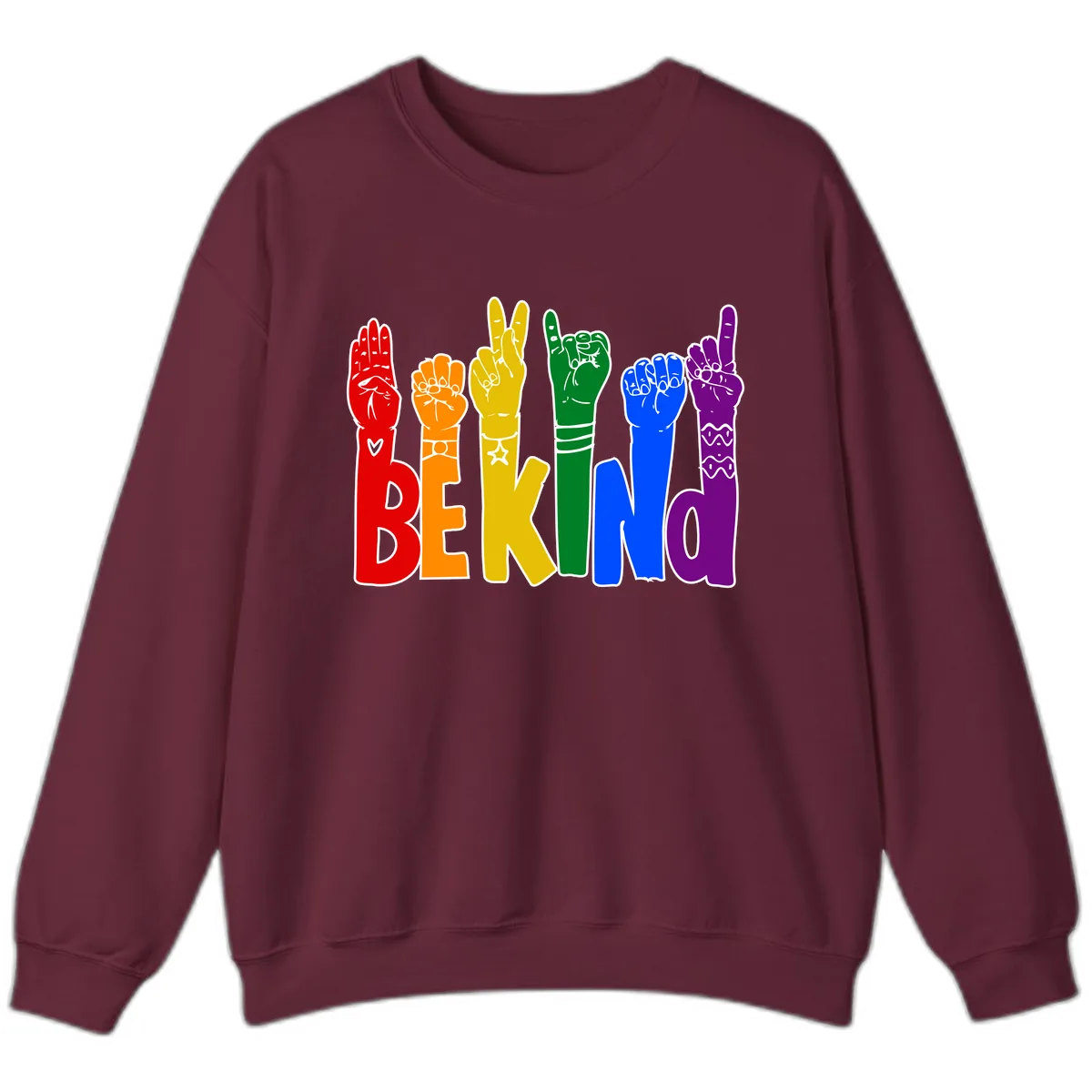 Be Kind Rainbow Hand Pride Sweatshirt in Maroon