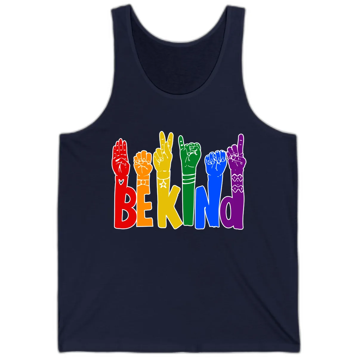 Be Kind Rainbow Hand Pride Tank in Navy