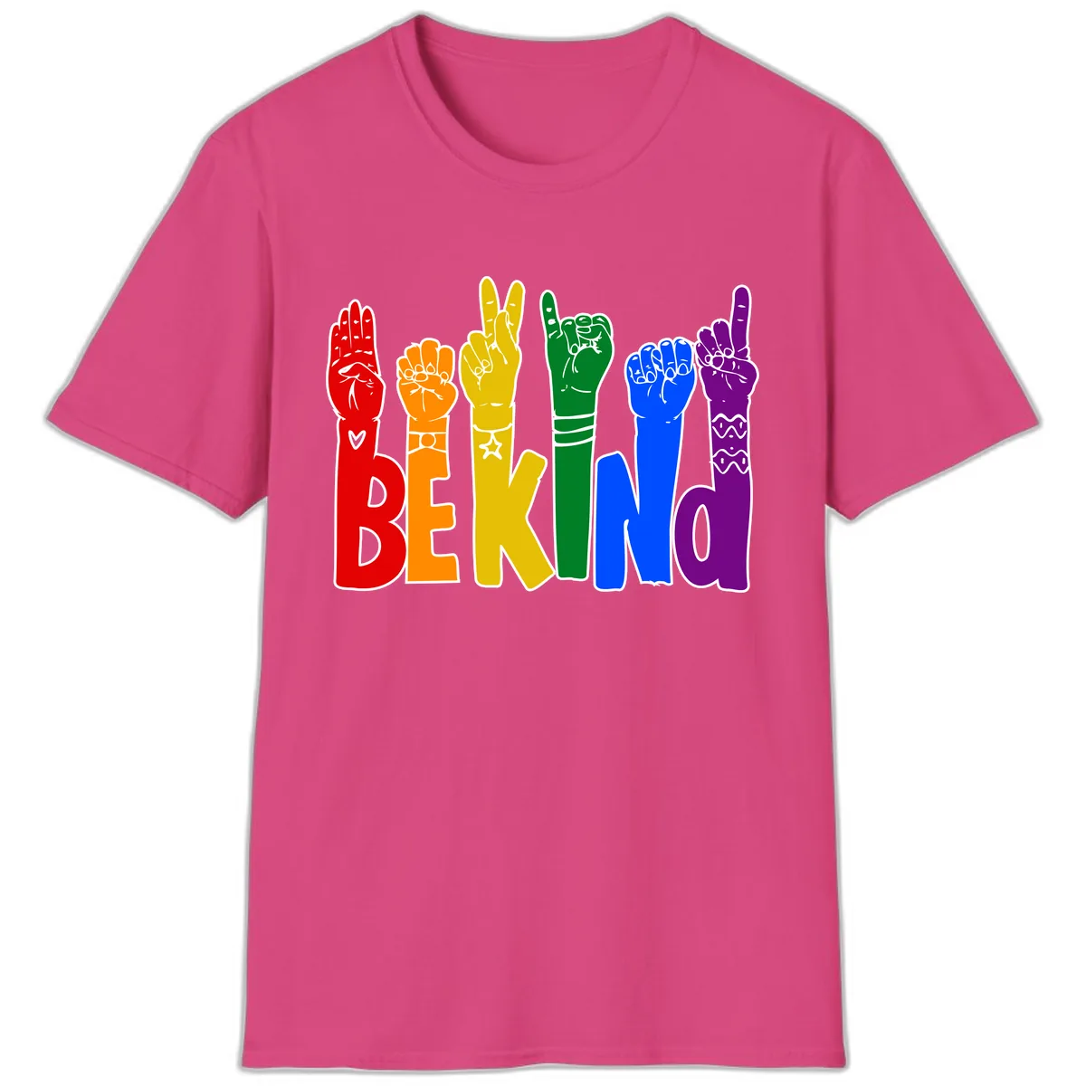 Be Kind Rainbow Hand Pride T-Shirt in Heliconia
