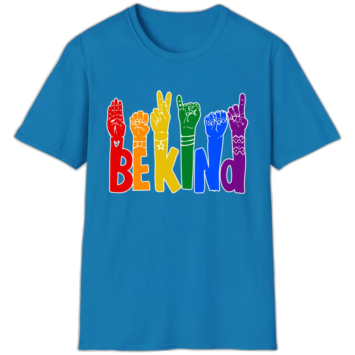 Be Kind Rainbow Hand Pride T-Shirt in Sapphire