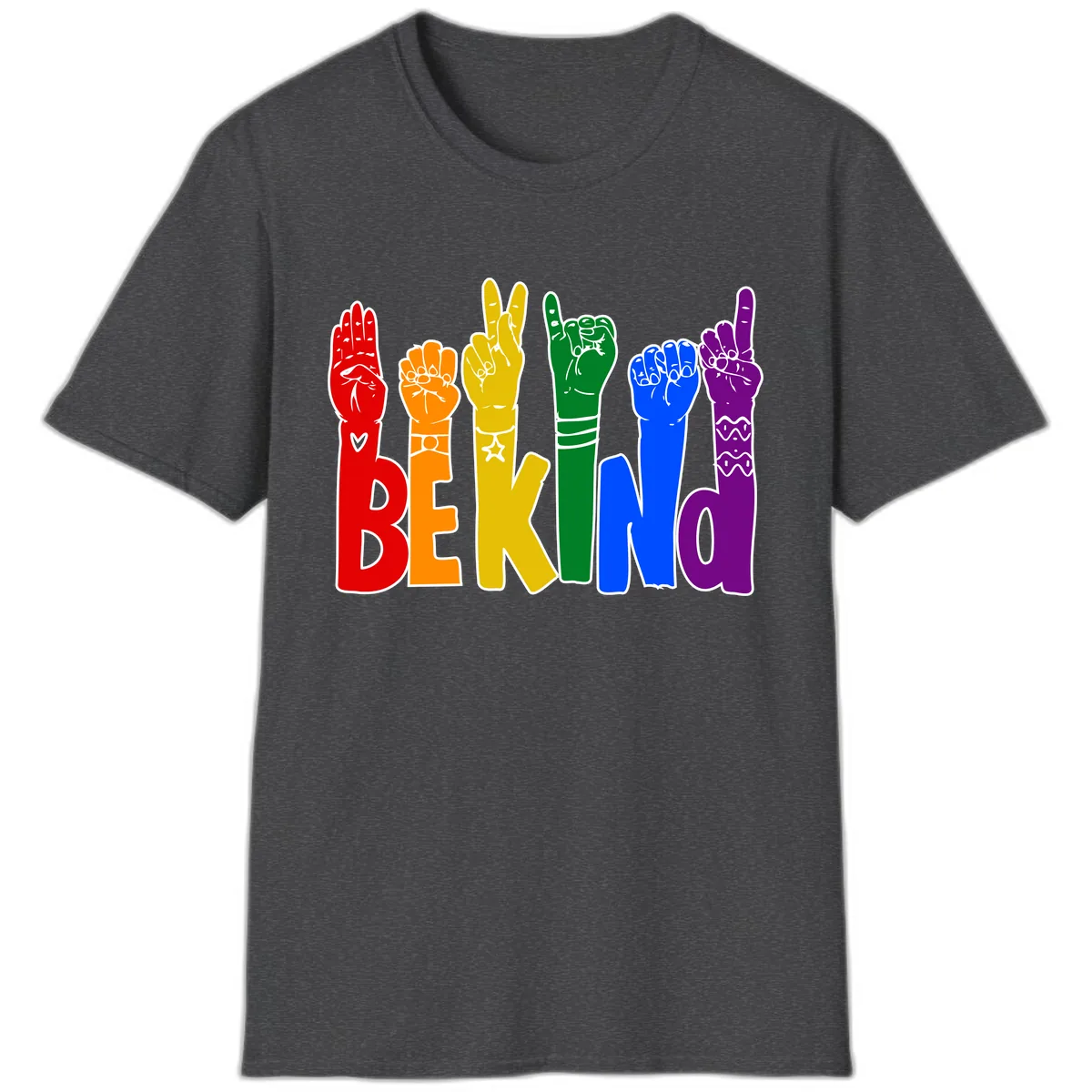 Be Kind Rainbow Hand Pride T-Shirt in Dark Heather