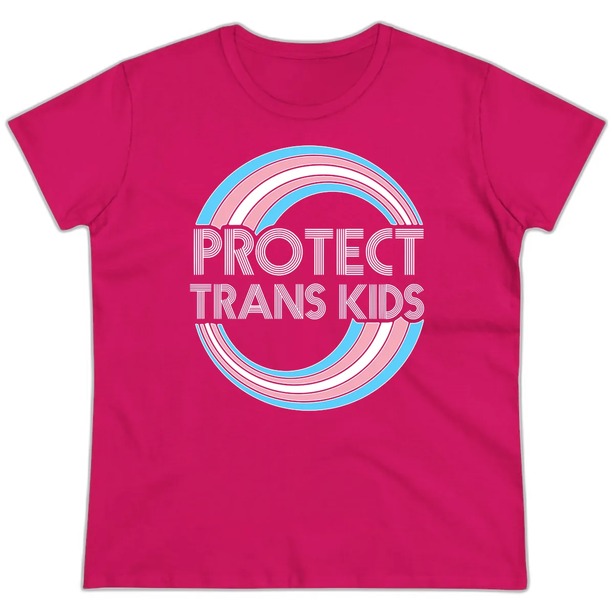 Protect Trans Kids Rainbow Pride Ladies Tee in Heliconia