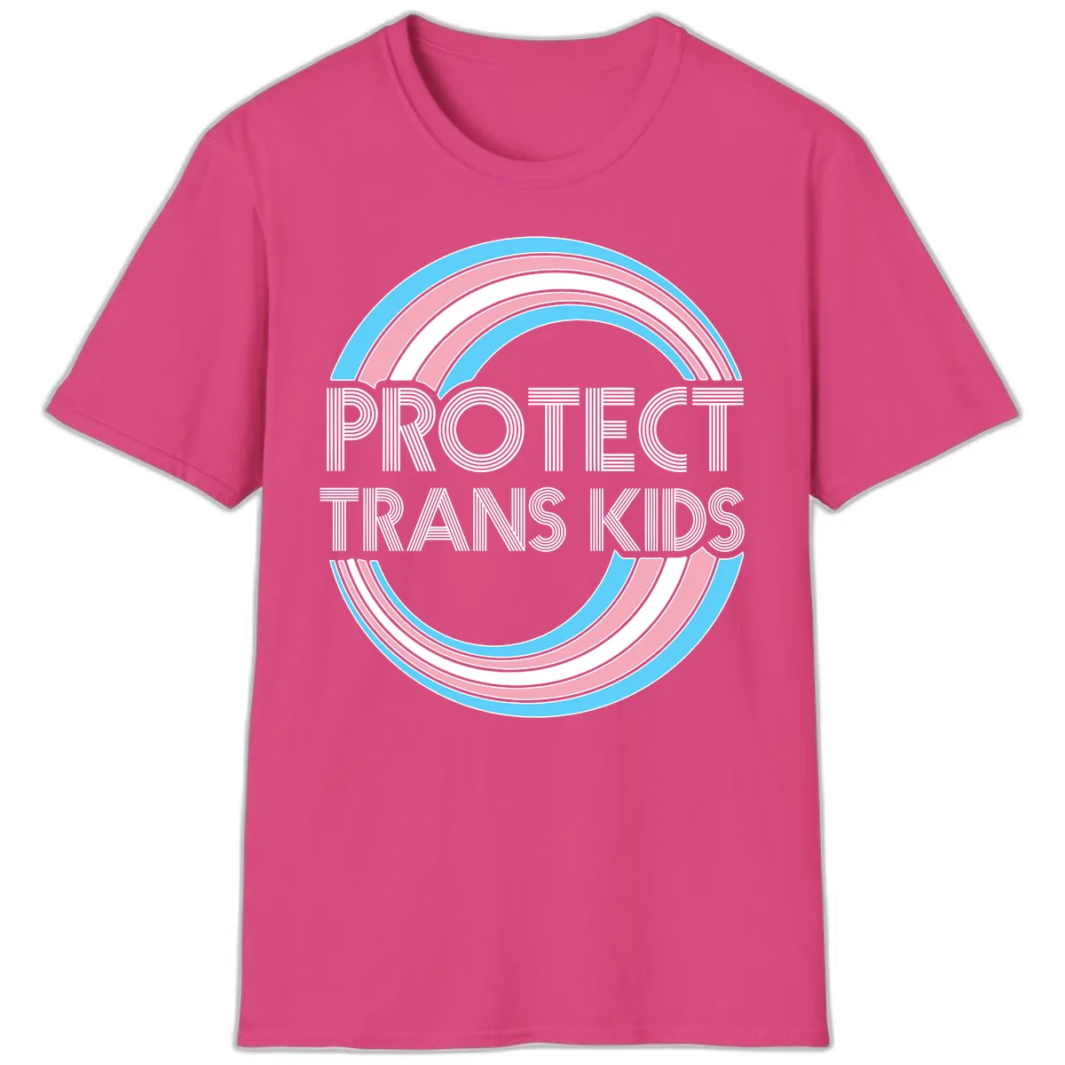 Protect Trans Kids Rainbow Pride T-Shirt in Heliconia