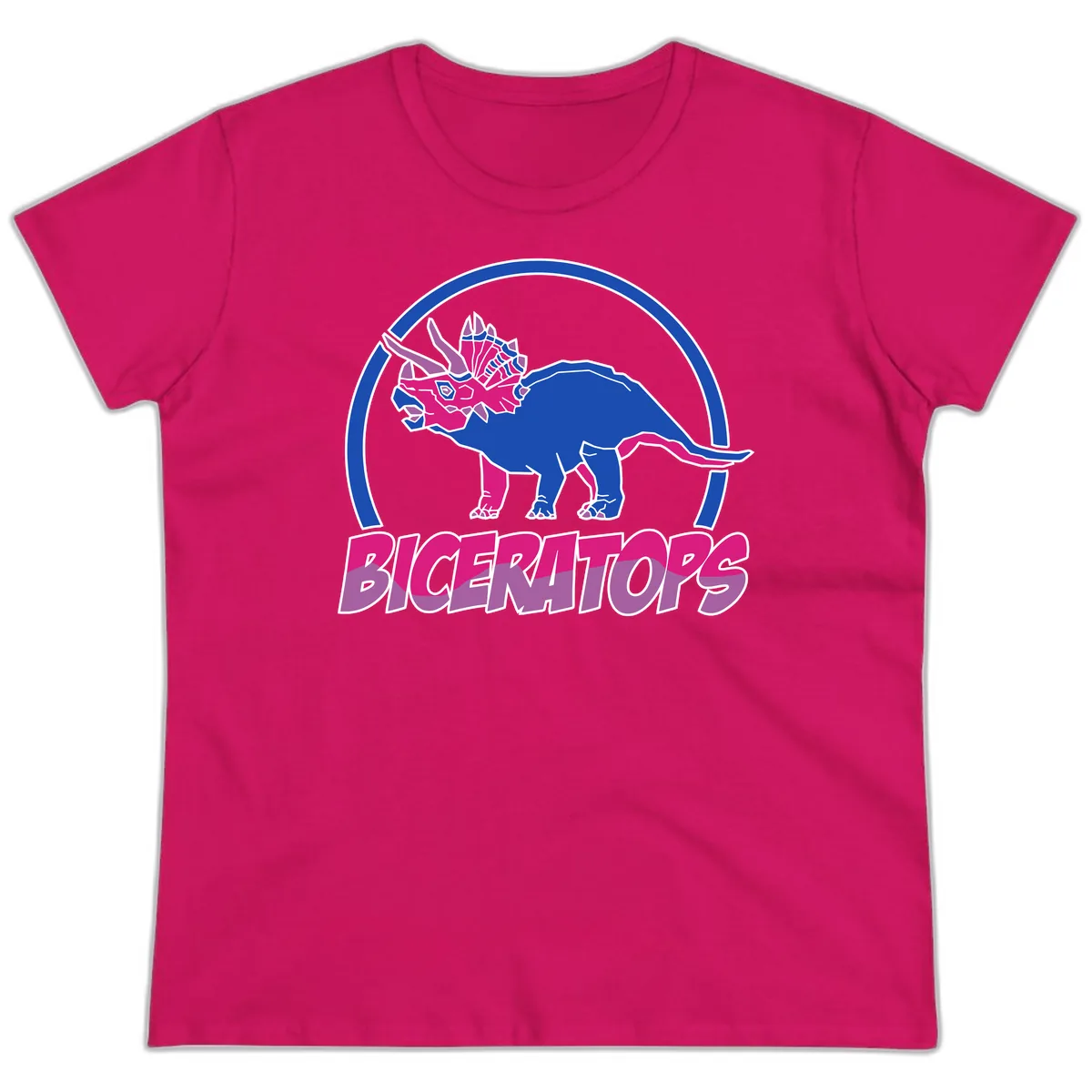 Triceratops Pride Dinosaur Logo Ladies Tee in Heliconia