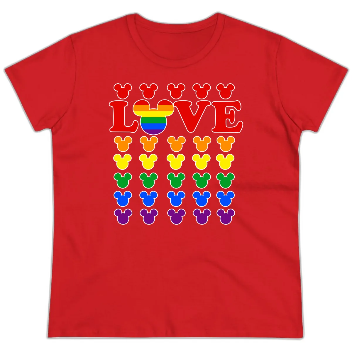 Mickey Love Pride Rainbow Ladies Tee in Red