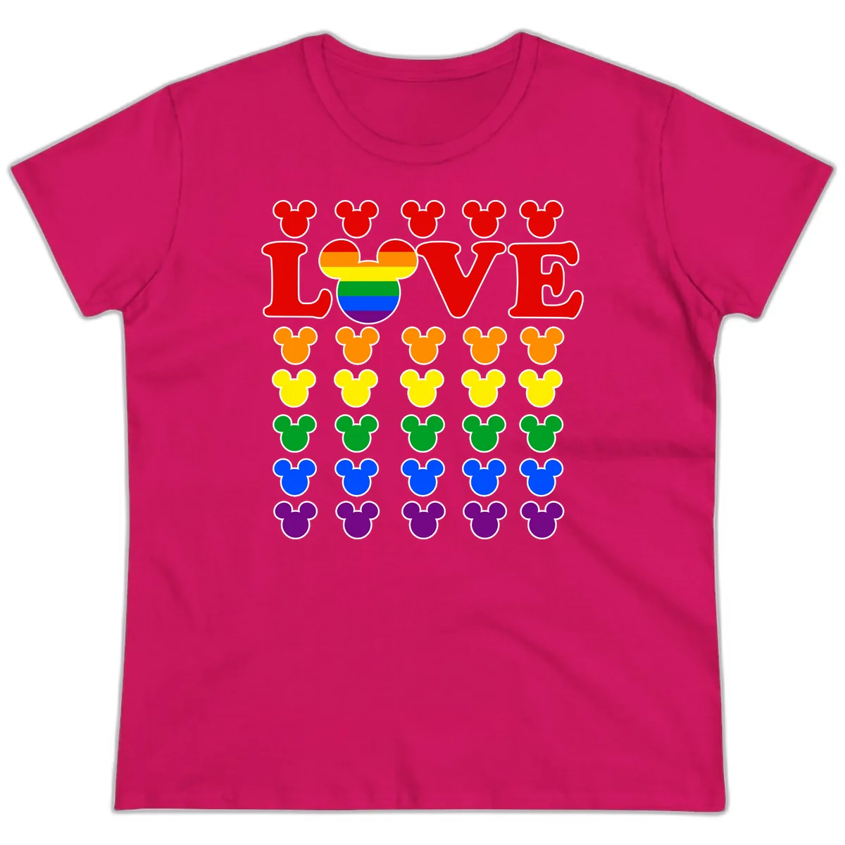 Mickey Love Pride Rainbow Ladies Tee in Heliconia