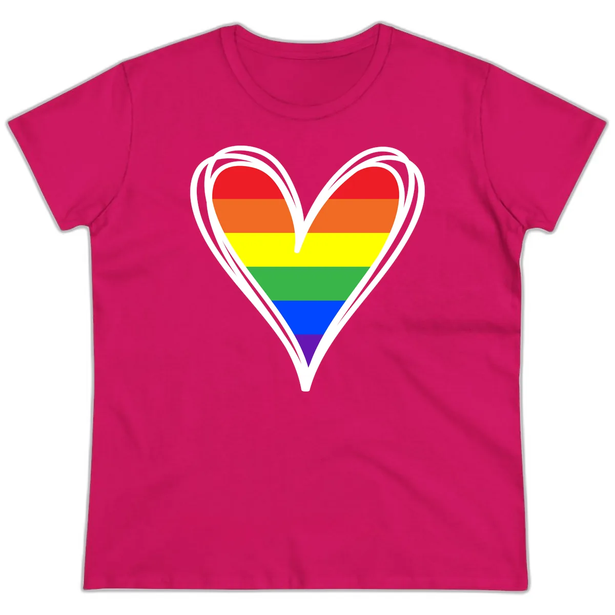 Rainbow Heart Pride Ladies Tee in Heliconia