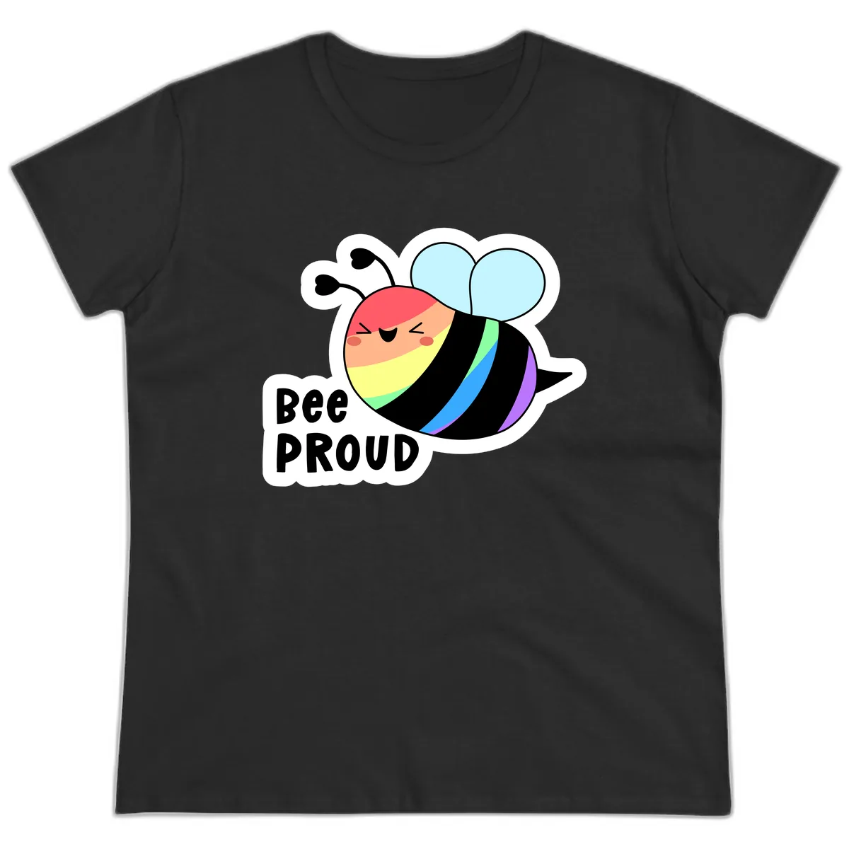 Bee Proud Rainbow Stripes Ladies Tee in Black