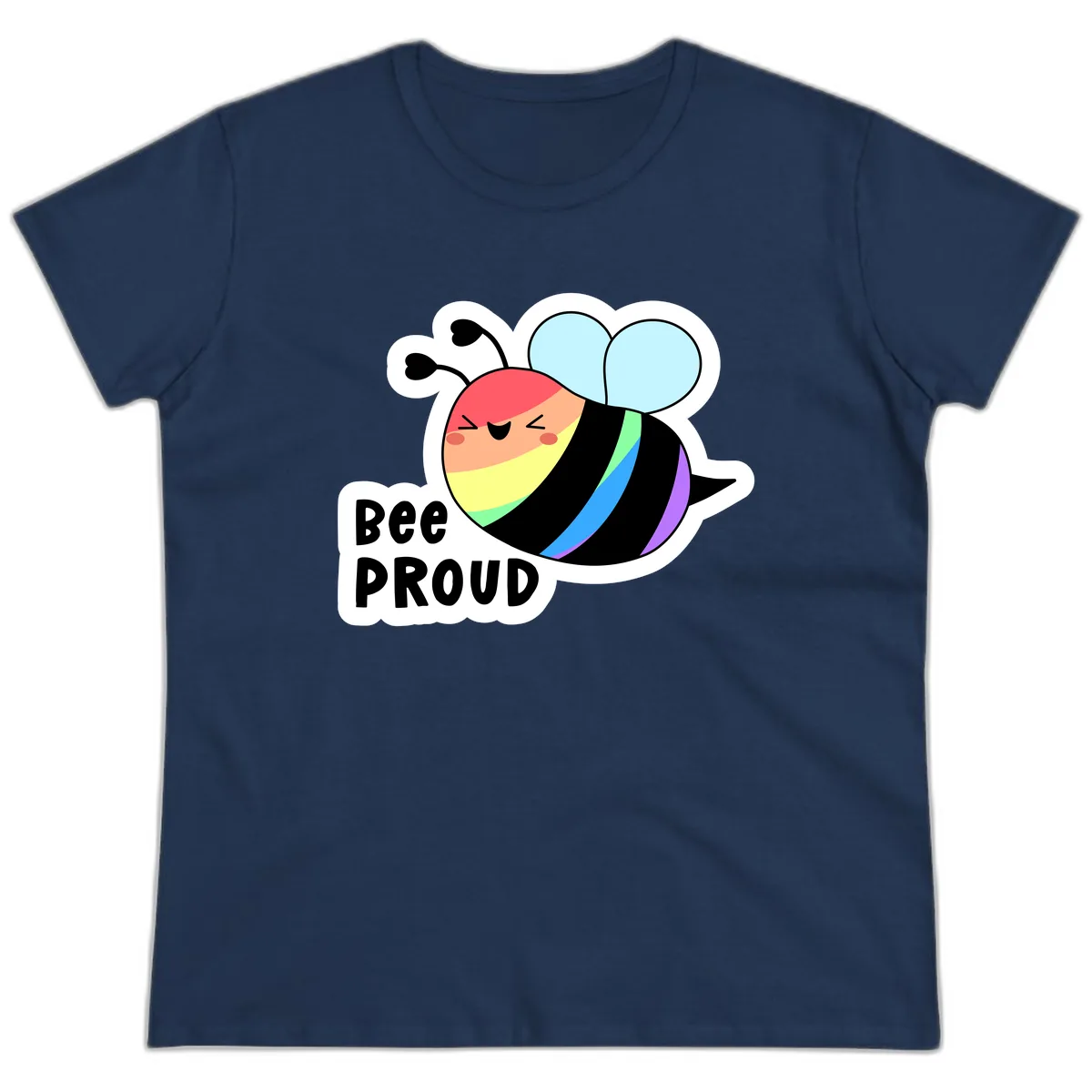 Bee Proud Rainbow Stripes Ladies Tee in Navy