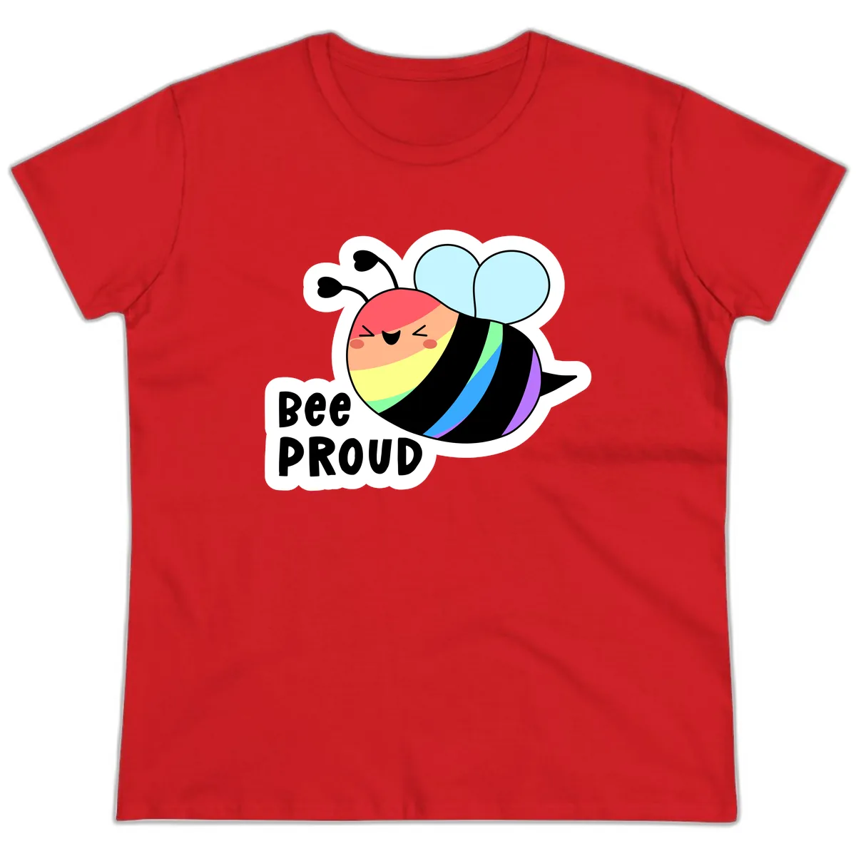 Bee Proud Rainbow Stripes Ladies Tee in Red