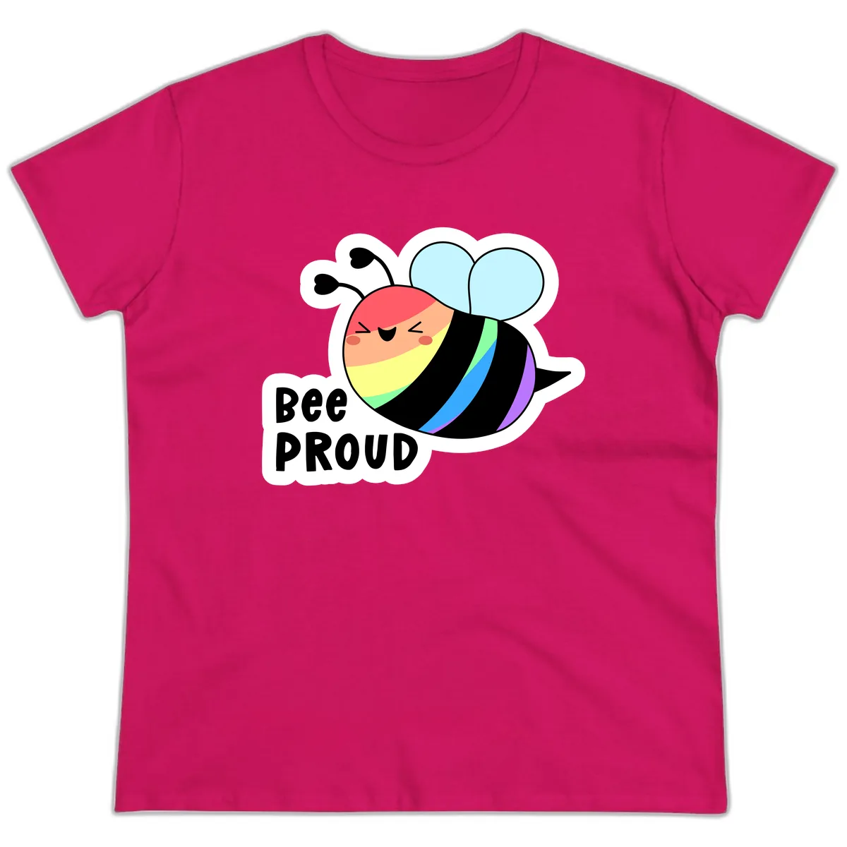 Bee Proud Rainbow Stripes Ladies Tee in Heliconia