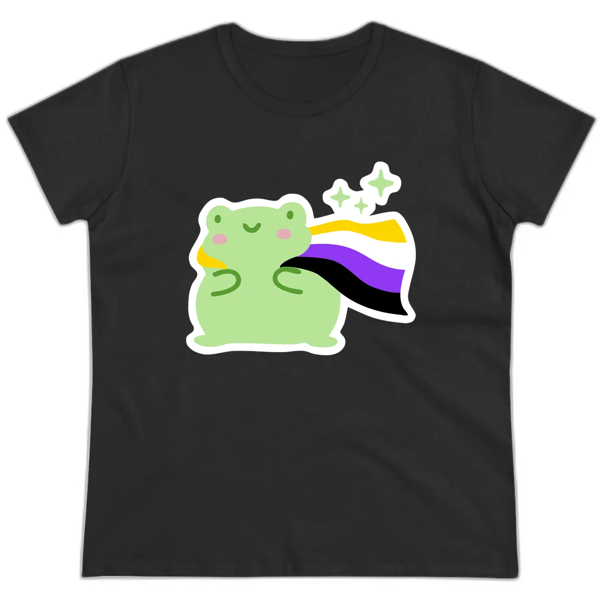 Magical Pride Frog With Rainbow Cape Ladies Tee in Black