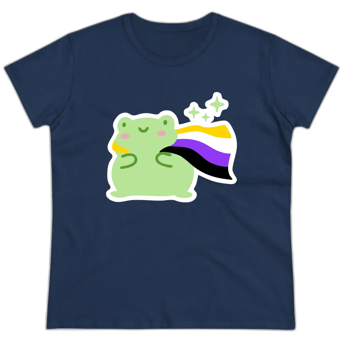 Magical Pride Frog With Rainbow Cape Ladies Tee in Navy