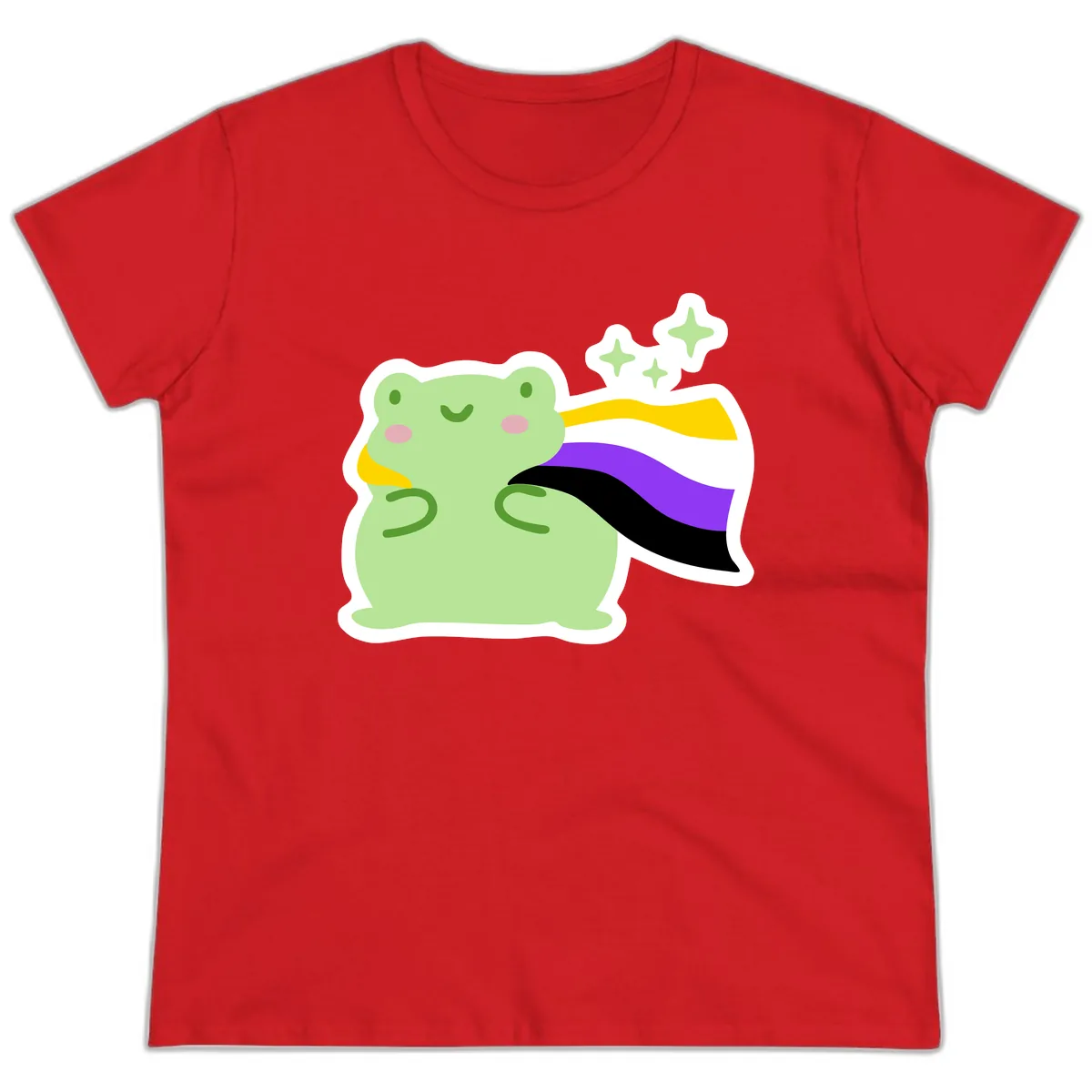 Magical Pride Frog With Rainbow Cape Ladies Tee in Red