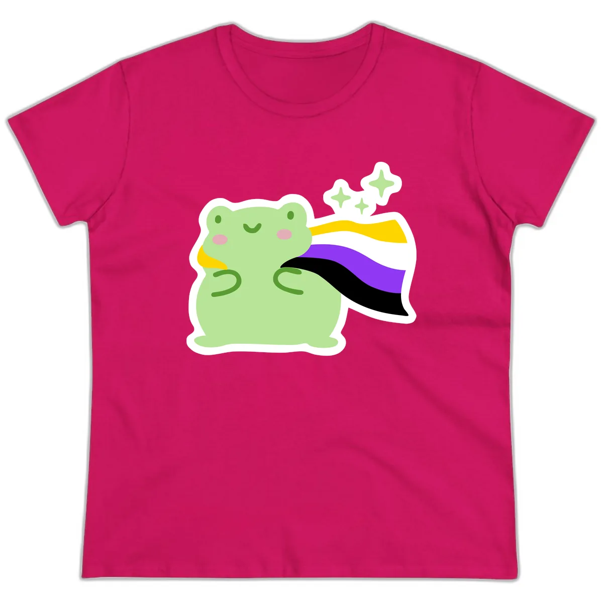 Magical Pride Frog With Rainbow Cape Ladies Tee in Heliconia
