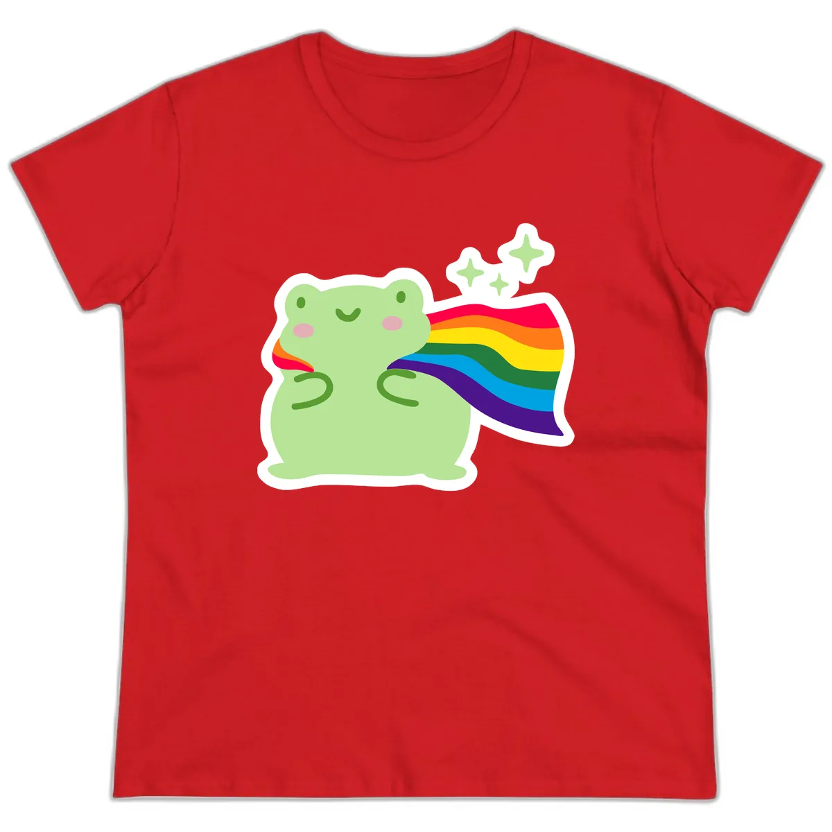 Rainbow Pride Frog With Sparkles Ladies Tee in Red