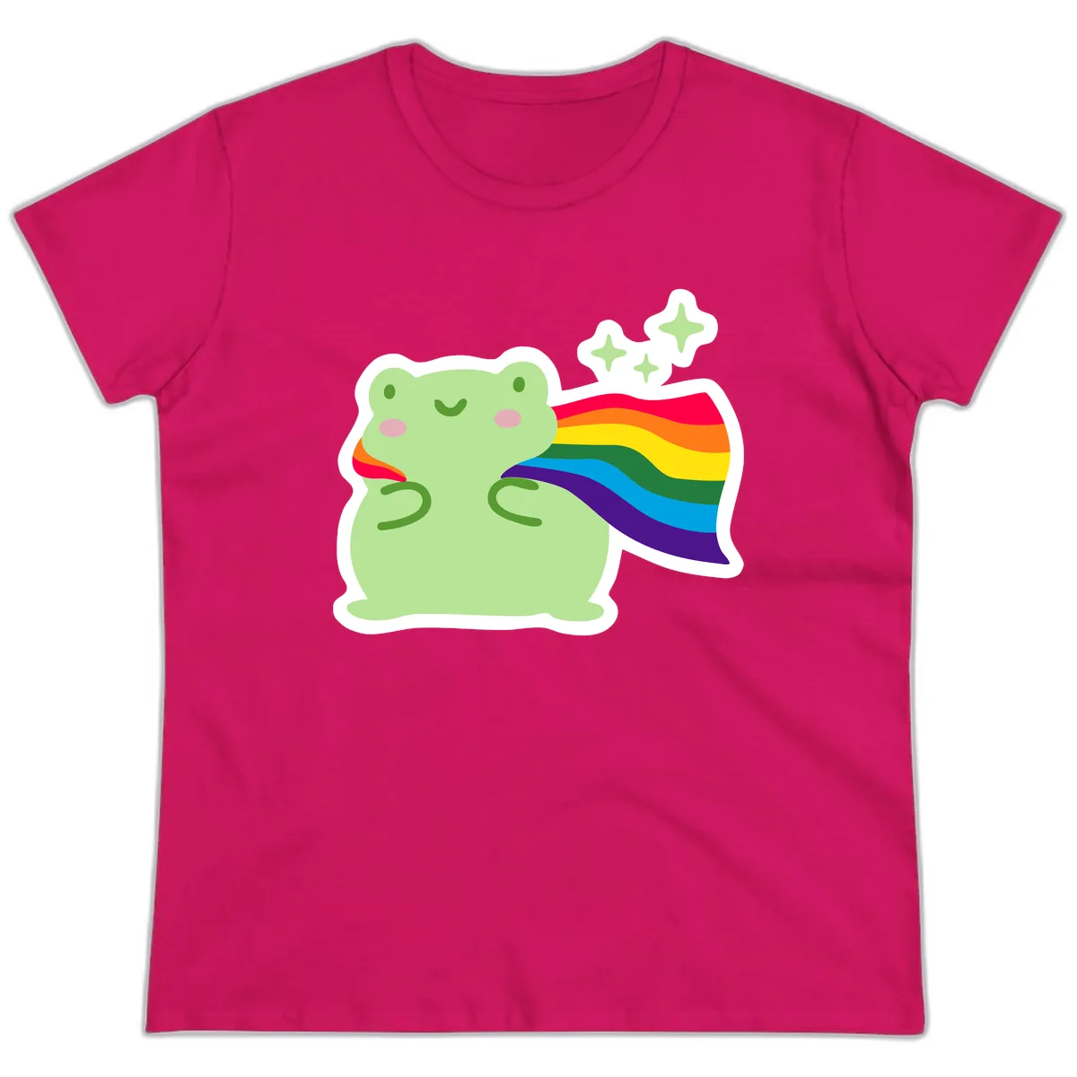 Rainbow Pride Frog With Sparkles Ladies Tee in Heliconia