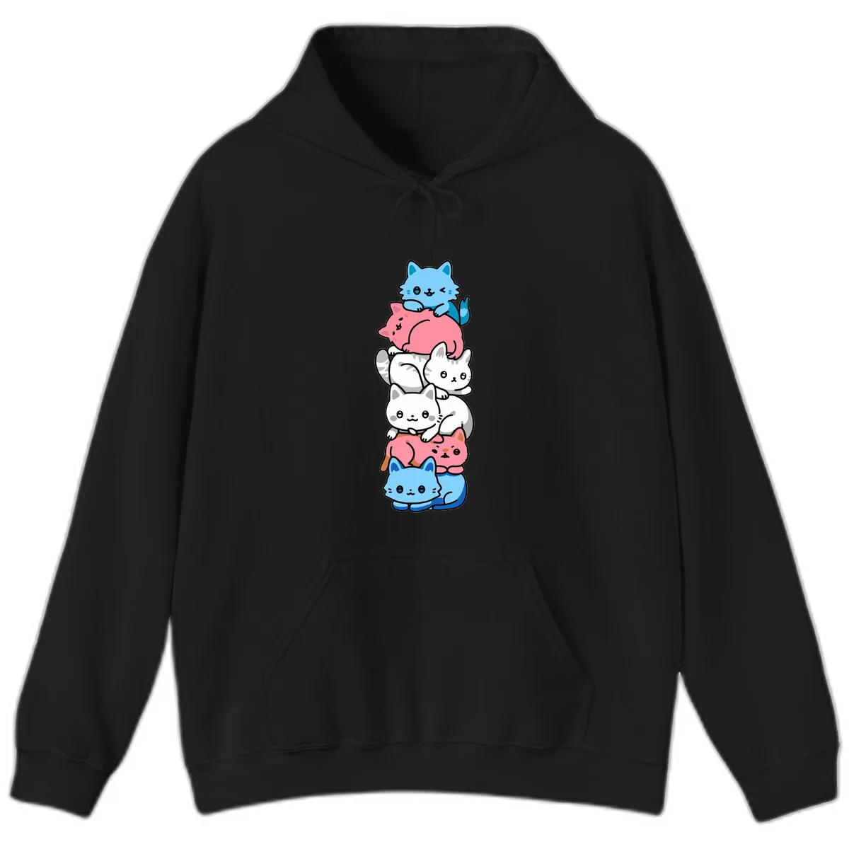 Stacked Kawaii Cats Rainbow Pride Hoodie in Black