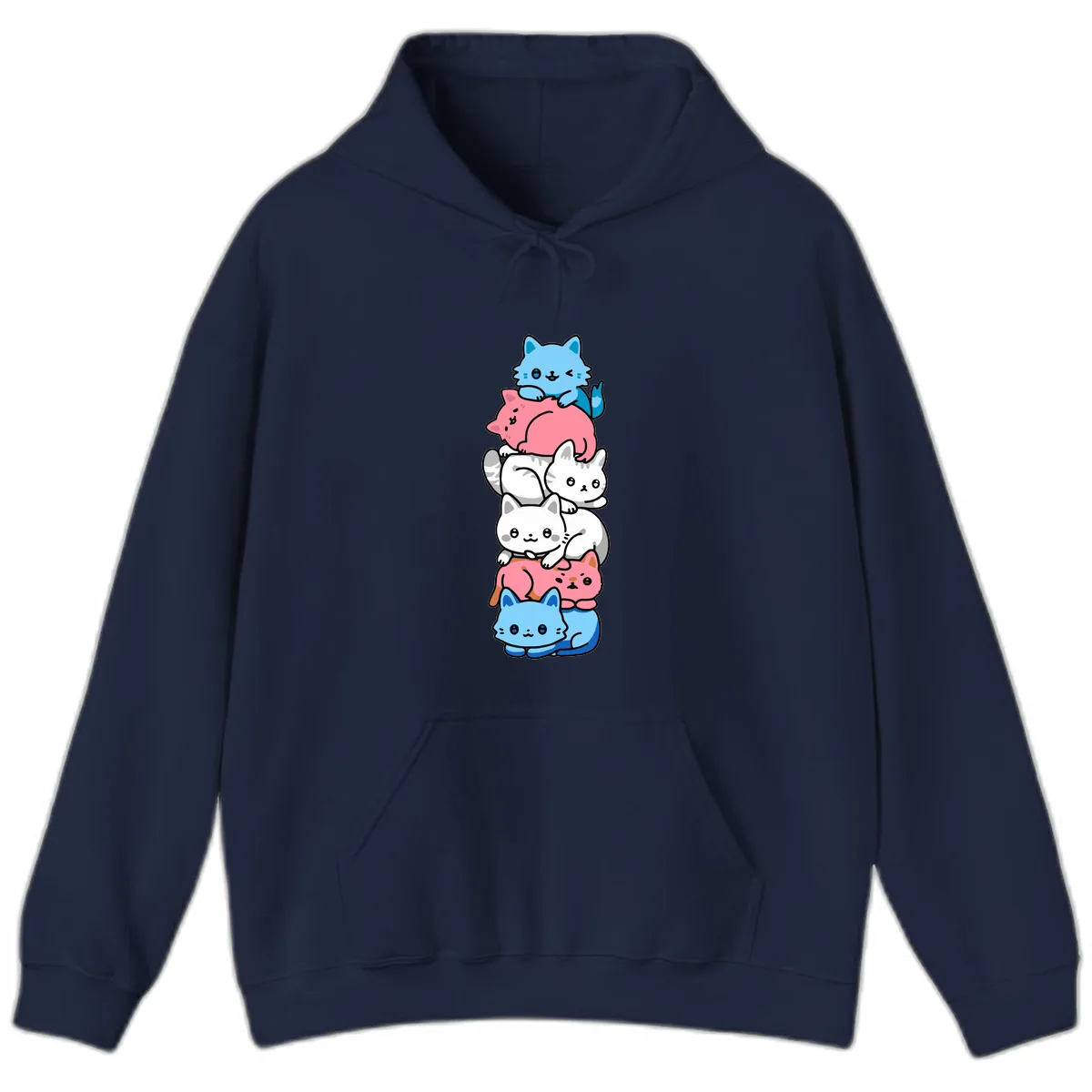 Stacked Kawaii Cats Rainbow Pride Hoodie in Navy