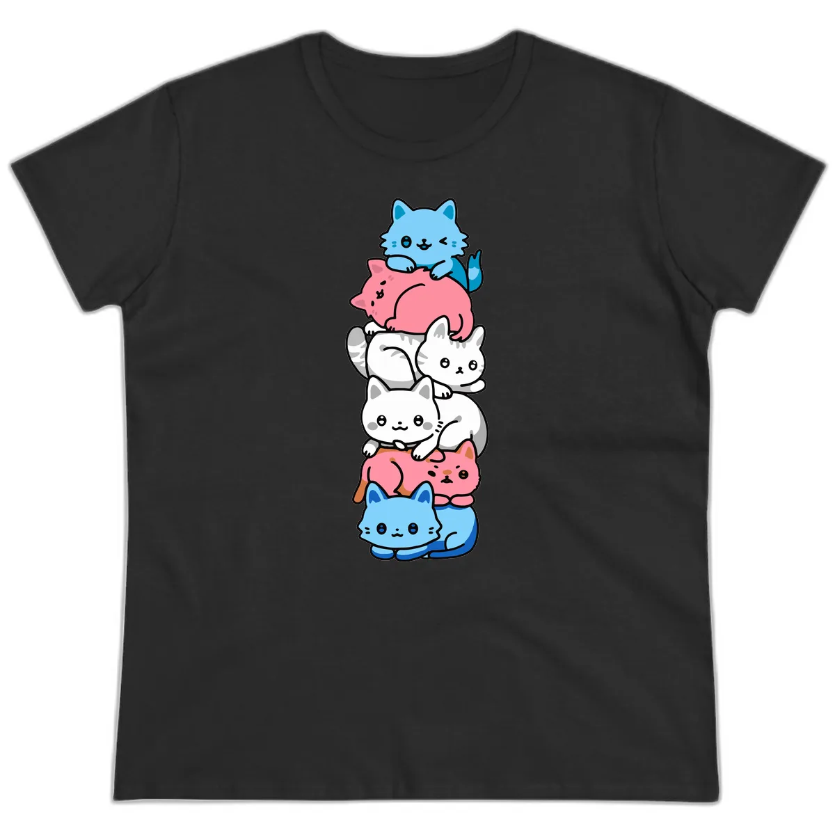 Stacked Kawaii Cats Rainbow Pride Ladies Tee in Black