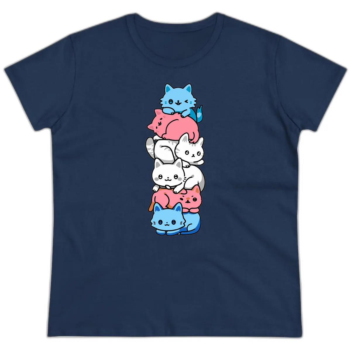Stacked Kawaii Cats Rainbow Pride Ladies Tee in Navy