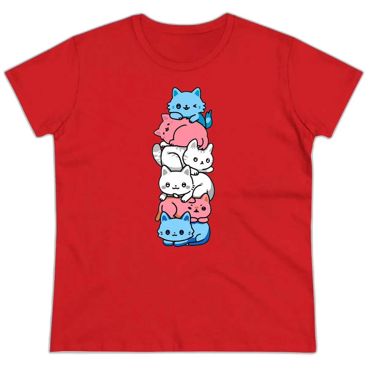 Stacked Kawaii Cats Rainbow Pride Ladies Tee in Red