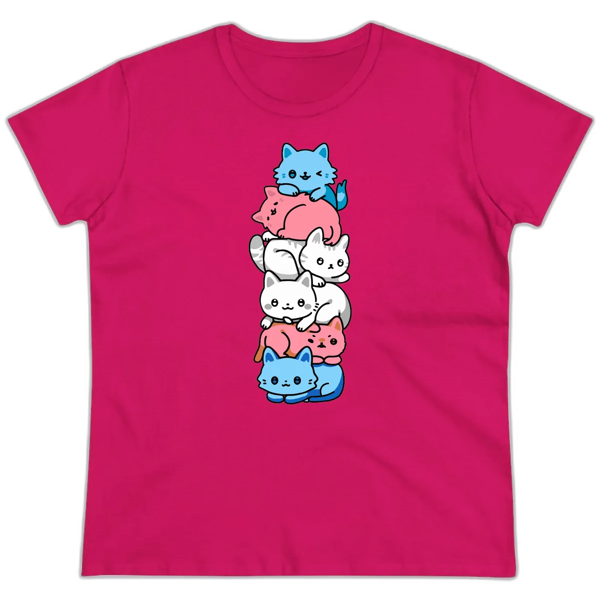 Stacked Kawaii Cats Rainbow Pride Ladies Tee in Heliconia