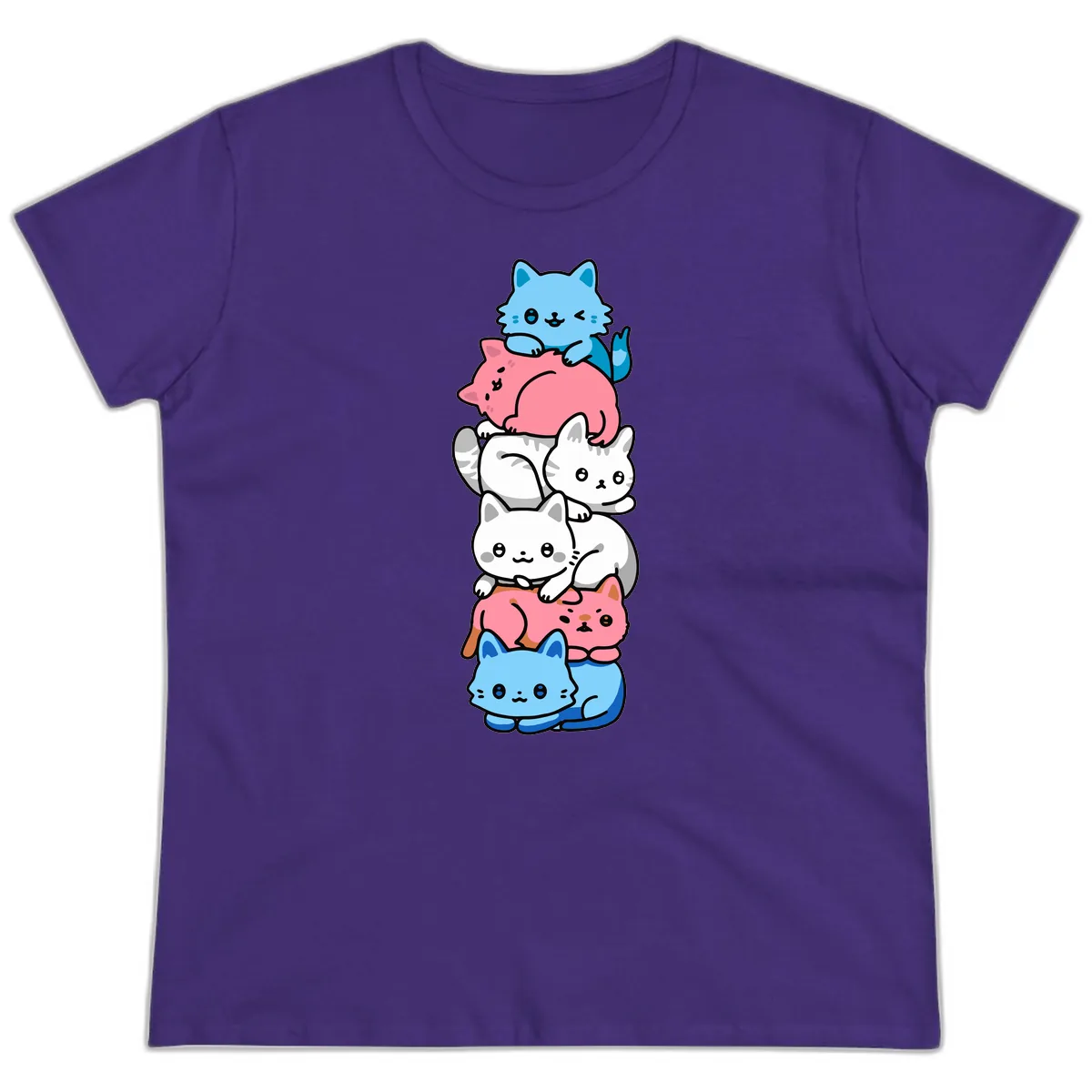Stacked Kawaii Cats Rainbow Pride Ladies Tee in Purple