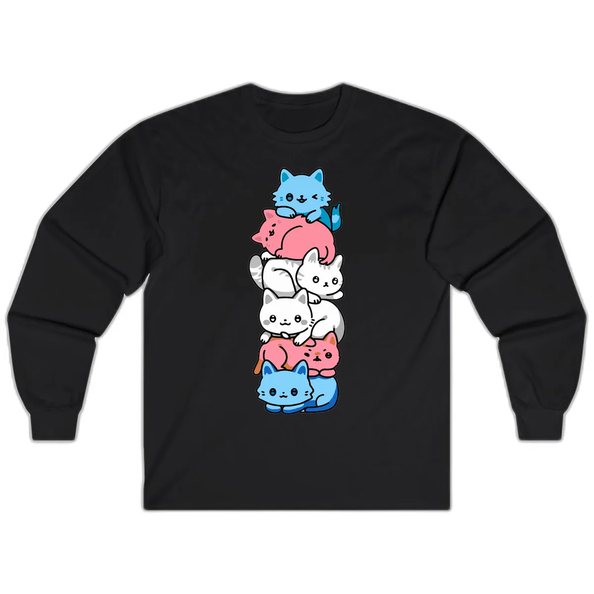 Stacked Kawaii Cats Rainbow Pride Long Sleeve in Black